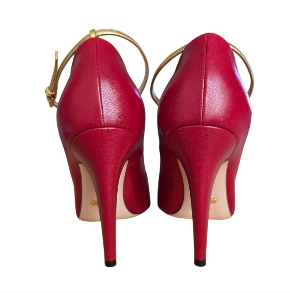 Iconic Gucci Molina Lips T-Strap Heels Red Gold Leather Pumps 38.5 - Picture 6 of 16